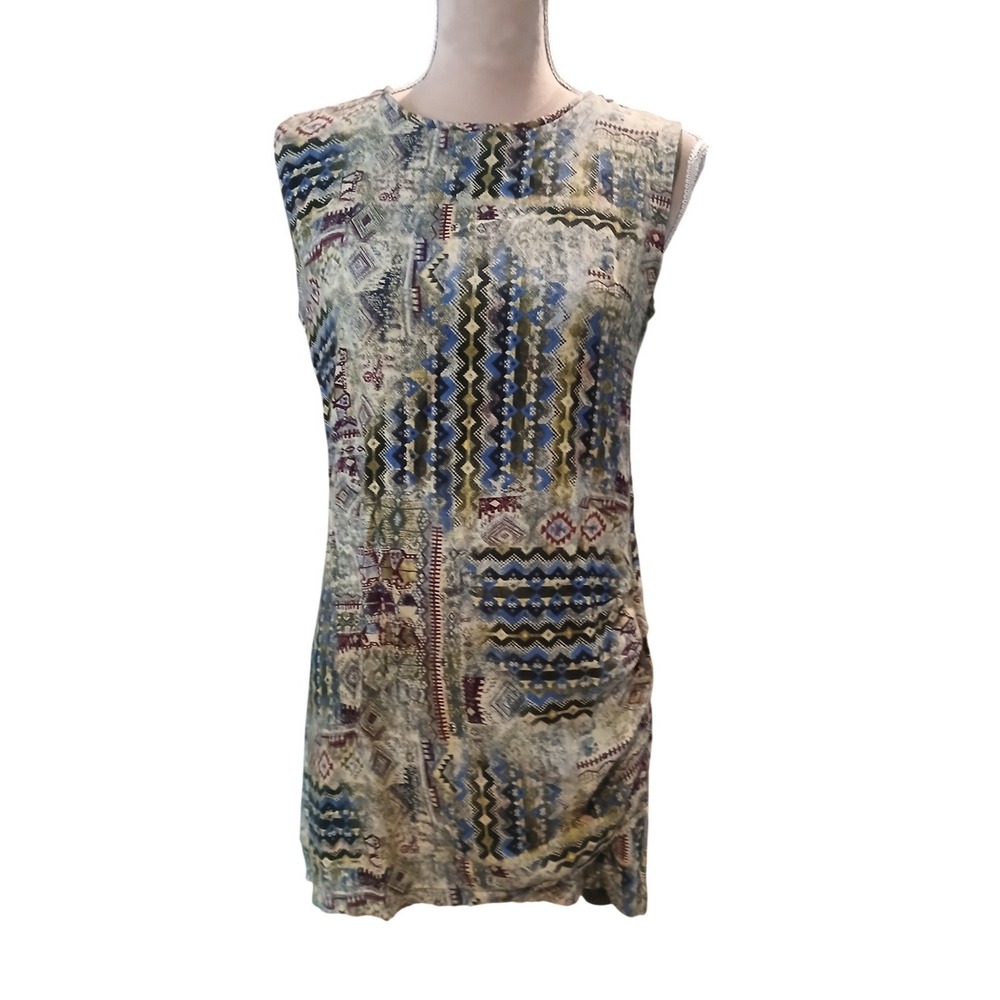 Sweet Sinammon Women Large Blue Geometric Tribal Print Ruched Sleeveless Dress